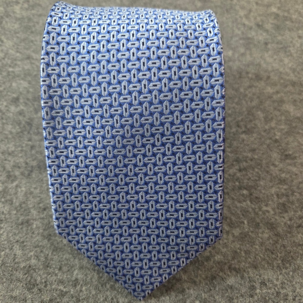 Beau Brummel Soho Blue Silver Geometric 100% Silk Hand Made Mens Necktie